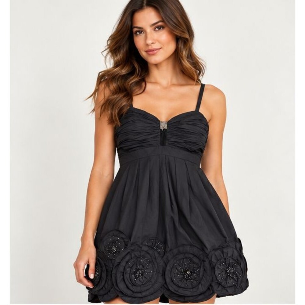 BCBGMAXAZRIA Womens 8 Black Taffeta Rosette Beaded Applique Cocktail Mini Dress